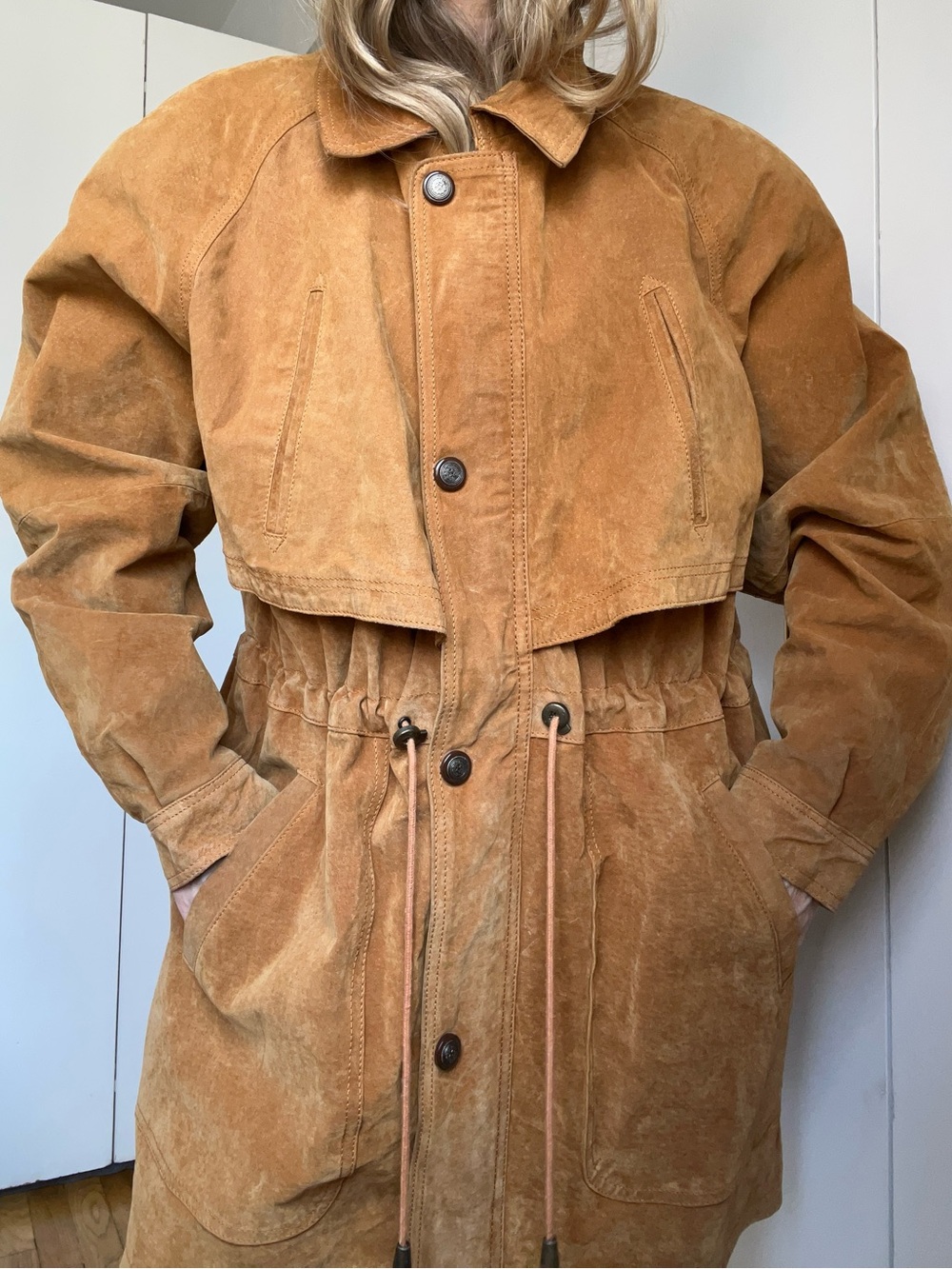 Vintage 90s Euro Mono of California Suede Cinched Utility Jacket - Size L - Picture 2 of 15